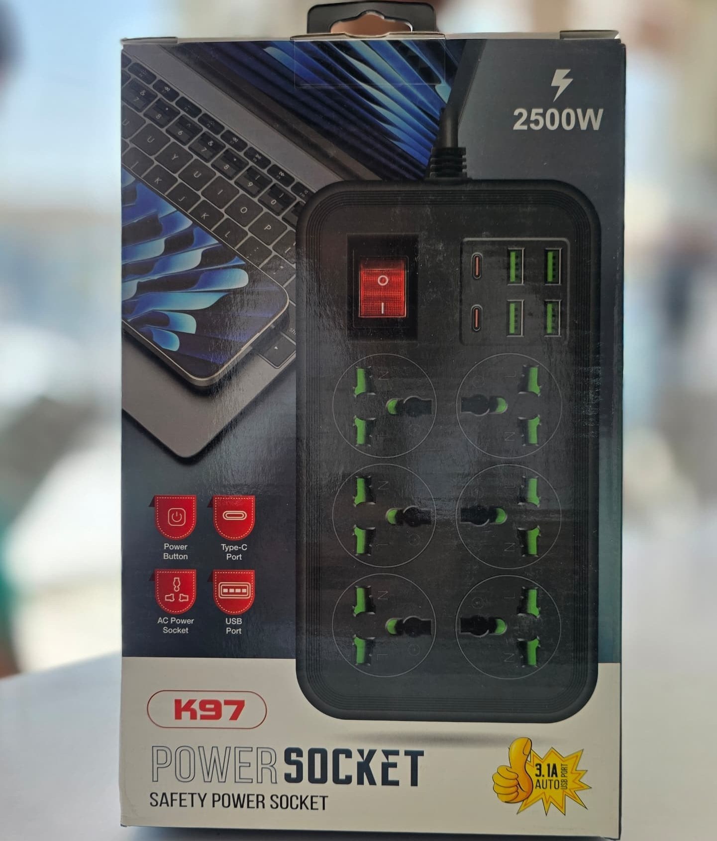 چند راهی برق USB دار ٦ خانه 2500 وات پاور سوکت مدل K97