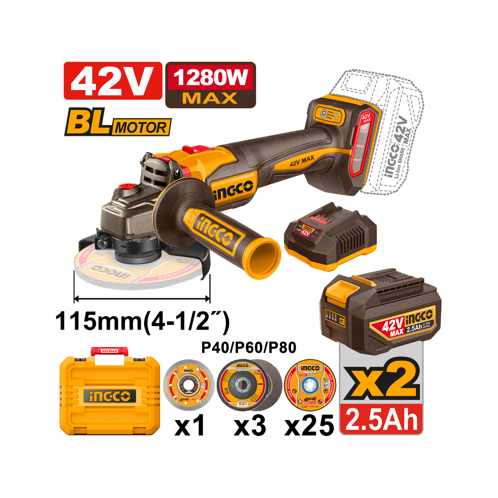 مینی فرز شارژی اینکو مدل CAGLI4128112 با ولتاژ ۴۲ ولت